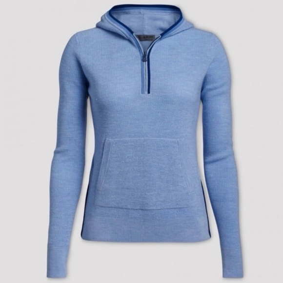 G/Fore Waffle Stitch Hooded Sweater Large Wool Womens Top Golf Ice Blue Soft NEW - Picture 2 of 13